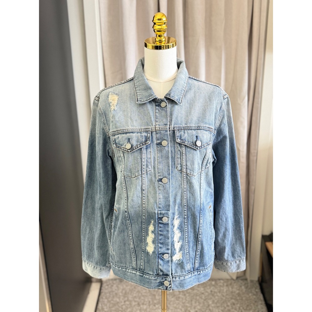 Rails Serena Distressed Denim Jacket Light Wash Varsity Patch Womens XL